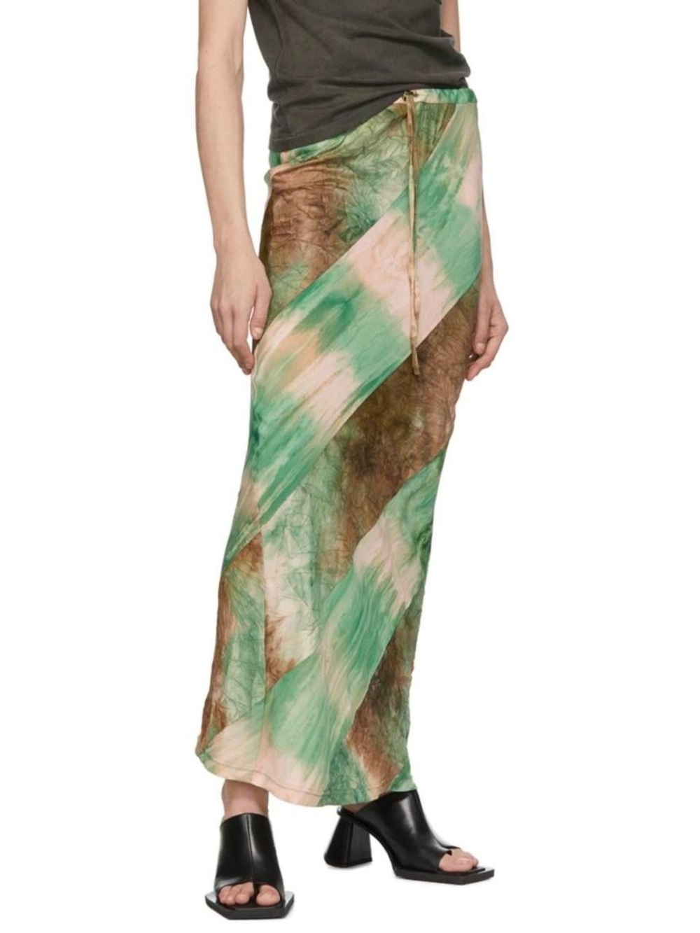 PERVERZE Green Bias Tie-Dye Diagonal Stripe Maxi Skirt - Green/Cream/Brown sz S